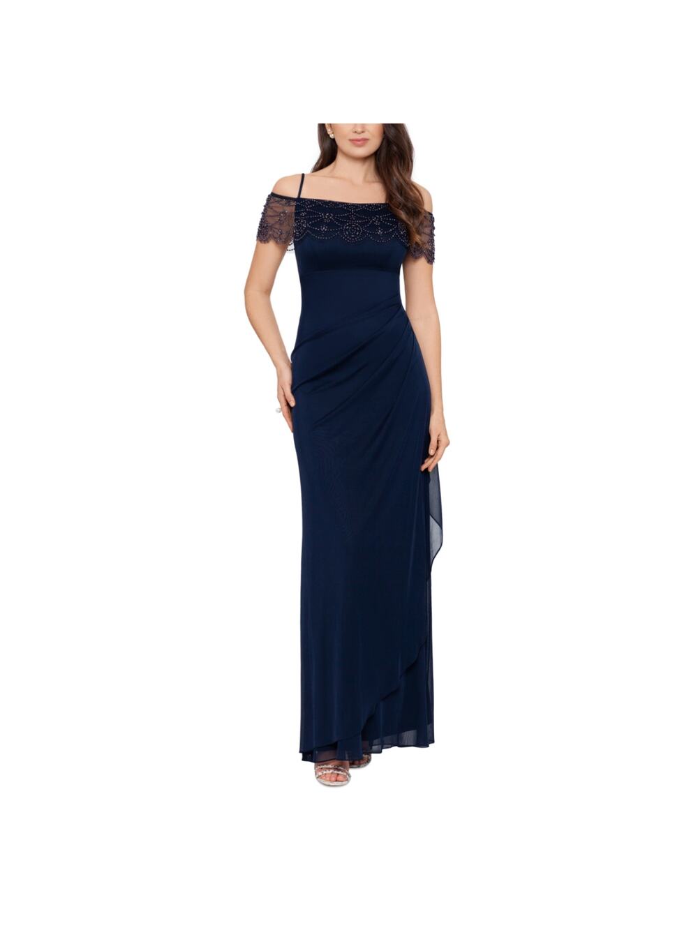 XSCAPE Blue Evening Gown Beaded Chiffon Off the Shoulder Column Dress Size 10